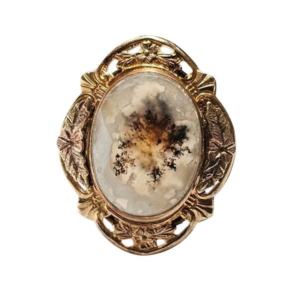 Art Deco Vermeil Sterling Silver Dendritic Agate Ring - Nature's Art, 1920s-30s - Picture 1 of 5